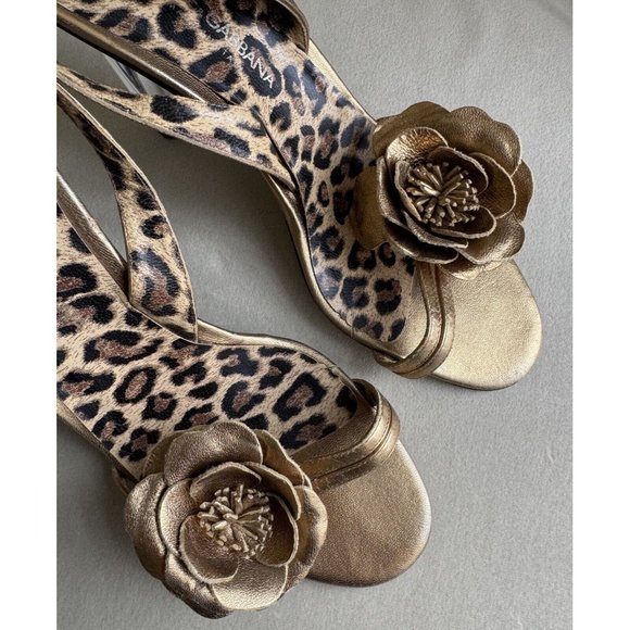 Dolce Gabbana Gold Leather Sandal Size 38.5 Clear Acrylic Heels Cheetah Leopard - Picture 8 of 14